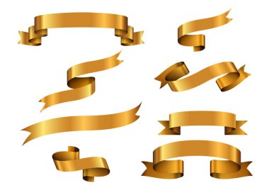 Altın kurdele koleksiyonunun düz vektör çizimi. Pankart dekorasyonunun tasarım ögesi için uygun, klasik süs tasarımı için boş kurdele