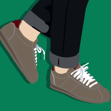Yeşil arka planda siyah pantolonlu sıradan ayakkabıların vektör illüstrasyonu.