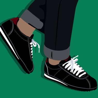 Yeşil arka planda siyah pantolonlu Sneakers ayakkabılarının vektör çizimi.