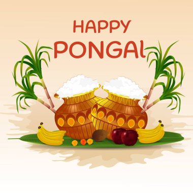 Mutlu Pongal. Tamil Nadu Güney Hindistan 'daki Mutlu Pongal Tatil Hasat Festivali' nin vektör illüstrasyonunu düzenlemek kolay