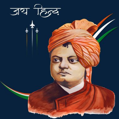  Hintçe Jai Hind metin ile Swami Vivekananda üç renkli arkaplan çizimi vektör illüstrasyonu