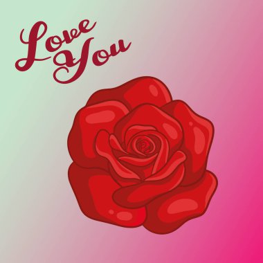 Kırmızı gülün vektör çizimi okunmuş kalpler ve aşk metni.