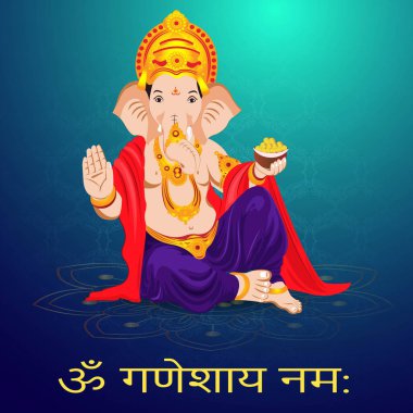 Lord Ganesha İllüstrasyonu Om Ganeshay Namah Hintçe Kaligrafi