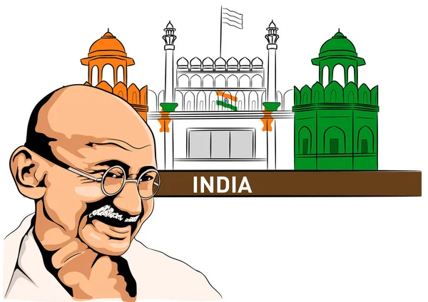 Kızıl Kale ve Hint Bayrağı geçmişi olan Mahatma Gandhi 'nin vektör illüstrasyonu