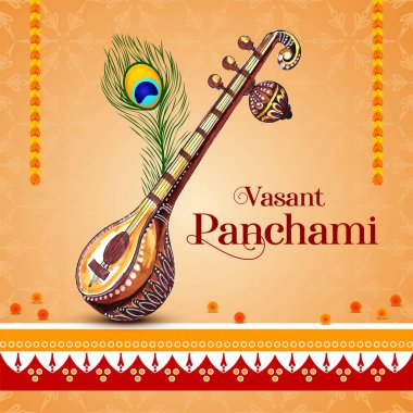 Mutlu Vasant Panchami festivali zarif kartı müzik aleti veena vektörü
