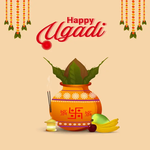 Mutlu Ugadi Vektör Tasarım Resimleri, Süslü Kalaş, Ugadi, Gudipadwa, Kalash ile Mutlu Ugadi Selamlaşmaları