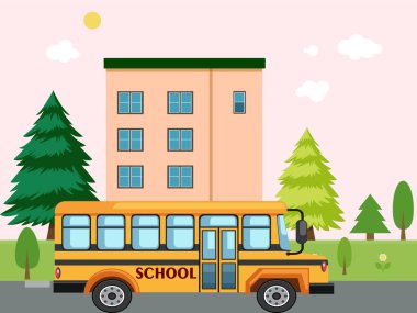 Okul binası ve okul otobüsü açık hava vektör illüstrasyonu