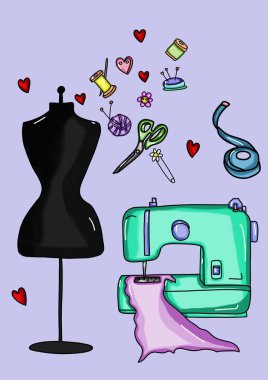 Resim bir manken, bir dikiş makinesi, bir makas ve giysi yapmak için diğer eşyaları gösteriyor. Filmin arka planı leylak rengi.