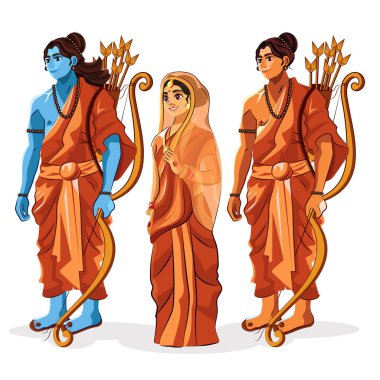 Illustration of Lord Rama, Lakshmana, and Goddess Sita for Dussehra, Diwali, and Navratri Festivals on a white background. clipart
