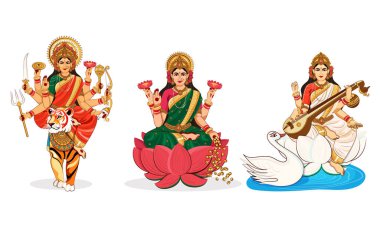 Beyaz arkaplanda Dussehra, Diwali ve Navratri Festivalleri için Hindu Tanrıçalar Saraswati, Durga ve Lakshmi 'nin resimleri.
