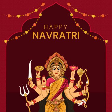 Mutlu Durga Puja Shubh Navratri Hint Festivali Şablonu 'nda Tanrıça Durga' nın resmi