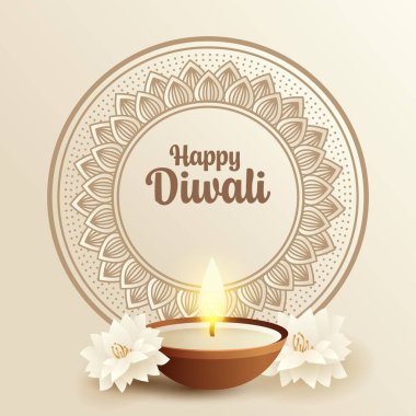 Diyas ve Mandala Şablonu 'yla Mutlu Diwali Hint Festivali Kutlaması 