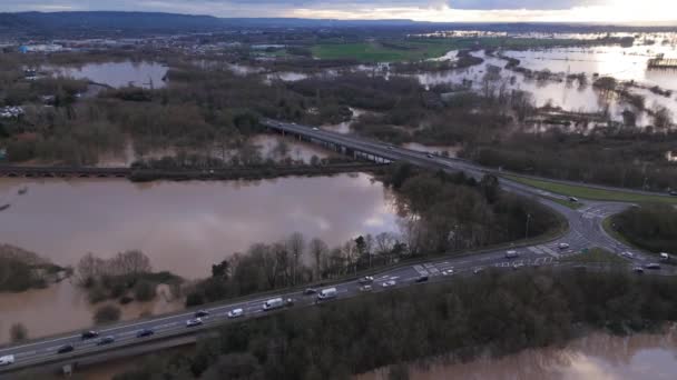 Vista Aérea Del Paisaje Inundado Con Árboles Caminos Sumergidos Cielo — Vídeos de Stock