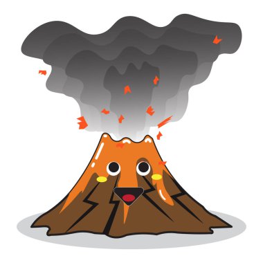 Tatlı bir çizgi film karakteriyle volkanik patlama. Vektör illüstrasyonu.