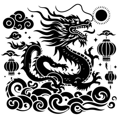 Çin ejderhası ve Çin fenerleri siyah-beyaz vektör çizimi.