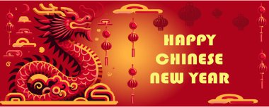 Ejderhalı ve fenerli Çin Yeni Yıl afişi. Vektör çizimi. Mutlu Çin Yeni Yılı.