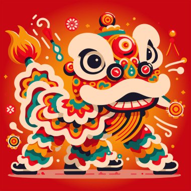 Havai fişeklerle Çin Yeni Yıl Aslan Dansı. Vektör illüstrasyonu.