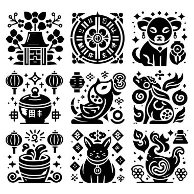 Siyah beyaz Çin Yeni Yılı ikonları. Vektör illüstrasyonu.