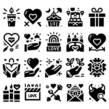 Sevgililer Günü simgesi seti, beyaz üzerine siyah, vektör illüstrasyonu.