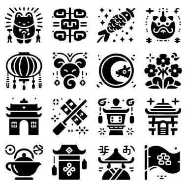 Çin sembolleri seti, basit stil. Beyaz arkaplanda izole edilmiş vektör illüstrasyonu.