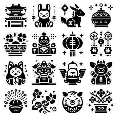 Çin Yeni Yıl sembolü seti. Ay burcu tabela koleksiyonu. Beyaz arka planda basit bir siyah sembol. Vektör illüstrasyonu.