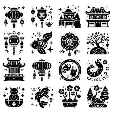 Çin Yeni Yıl simgeleri, basit bir tarz. Çin Yeni Yıl sembollerinin vektör illüstrasyonu.