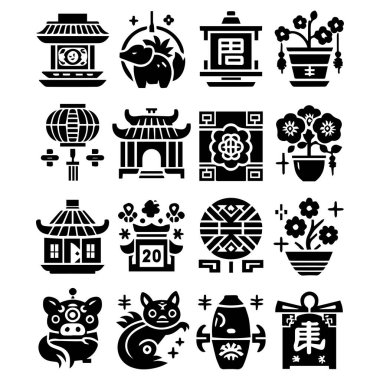 Çin yeni yıl ikonu seti. Hiyeroglifler. Web sayfası için siluet işaretleri.