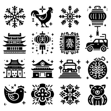 Çin Yeni Yıl simgesi seti, beyaz arkaplanda basit siyah semboller.