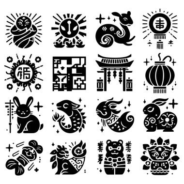 Çin Yeni Yıl simgeleri hazır. Çin burç sembolleri, vektör illüstrasyonu.