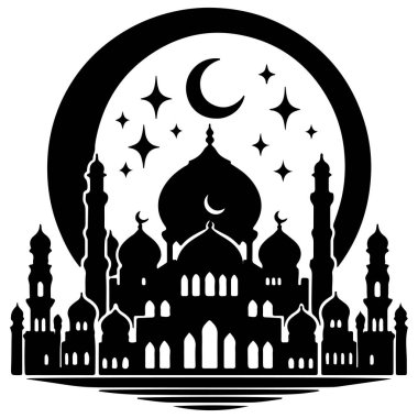 Ramadhan Kareem. Beyaz zemin üzerinde yıldızlar olan cami ve hilal, vektör illüstrasyonu.