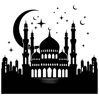Ramadhan Kareem. Beyaz zemin üzerinde cami silueti ve hilal ay, vektör illüstrasyonu