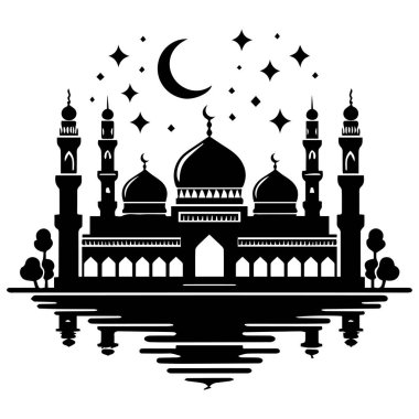 Ramadhan Kareem. Beyaz zemin üzerinde ay ve yıldızlar olan cami silueti, vektör illüstrasyonu.
