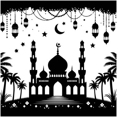 Ramadhan Kareem. Siyah beyaz ay ve yıldızlı cami, vektör illüstrasyonu.