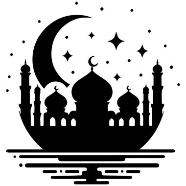 Ramadhan Kareem. Hilal 'in arka planında cami silueti var. Vektör illüstrasyonu.