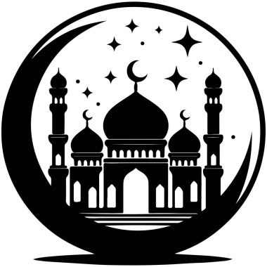 Ramadhan Kareem. Hilal 'in arka planında cami silueti var. Vektör illüstrasyonu.