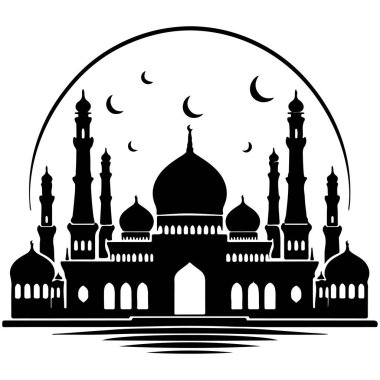Hilal ay ve yıldızlı cami silueti. Vektör çizimi. Ramadhan Kareem.