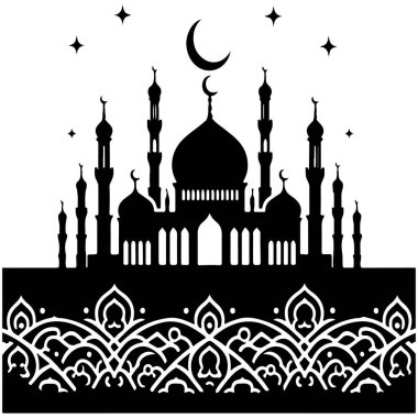 Beyaz arka planda hilal ay ve yıldızlar olan cami silueti. Ramadhan Kareem.