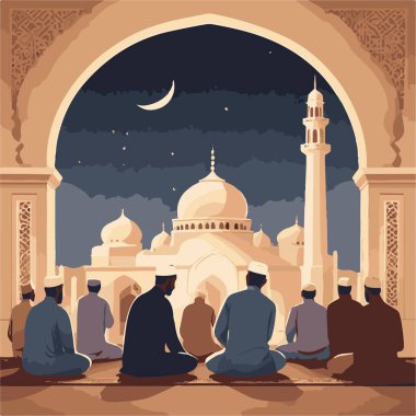 Müslüman insanlar gece caminin önünde vektör illüstrasyonuyla namaz kılıyorlar. Ramadhan Kareem.