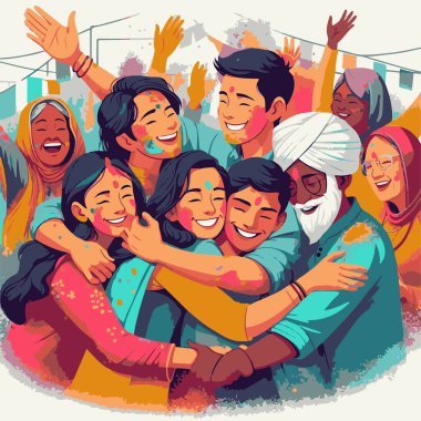 Holi kutlamalarında müziğin ve dansın ruhunu yansıtan bir görüntü, insanların şarkı söylemek, dans etmek ve birlik içinde kutlama yapmak için bir araya gelmeleri. Vektör illüstrasyonu ve düz resim.