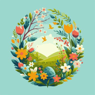 Paskalya 'da bahara geçişi sembolize eden bir görüntü, çiçek açan, canlı yeşillik ve yenilenme hissi. Vektör illüstrasyonu.