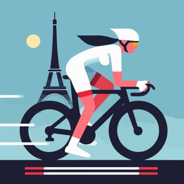Paris 'te arka planda Eyfel Kulesi olan bir yolda yarışan bir olimpiyat bisikletçisinin vektör görüntüsü. Basit şekiller ve düz renkler.