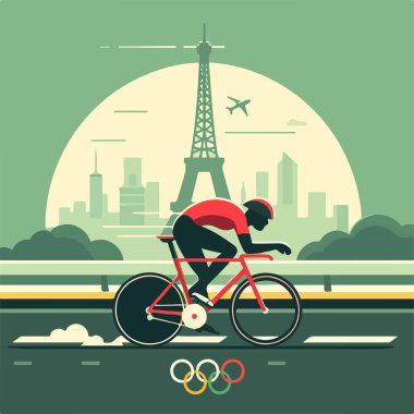 Paris 'te arka planda Eyfel Kulesi olan bir yolda yarışan bir olimpiyat bisikletçisinin vektör görüntüsü. Basit şekiller ve düz renkler.