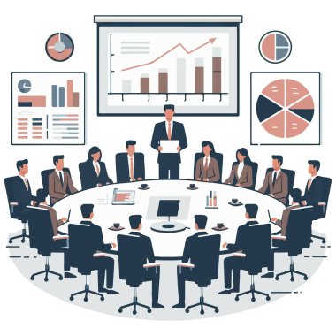 Bir yönetim kurulu toplantısının vektör görüntüsü, konferans masasının etrafında insanlar, duvarlarda tablolar ve sunum ekranı. Düz renklerle minimalist stil