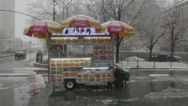 Handheld Shot Van New York City Food Carts Een Blizzard — Stockvideo