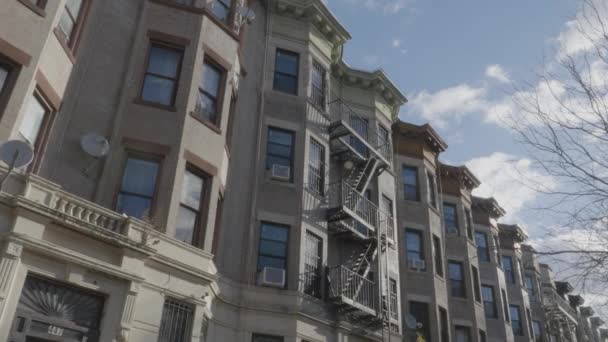 Ręczne Ujęcie Rzędu Brownstonów Brooklynie Nowym Jorku Zastrzelony Słoneczny Dzień — Wideo stockowe