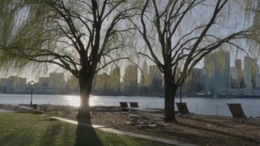 Long Island City, Queens 'teki Hunters Point Park' ın el kamerasıyla çekilmiş fotoğrafı. 2024 ilkbaharında gün batımında 4K ile çekildi..