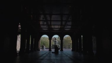 Central Park 'ın Bethesda Terası' ndaki bir sokak çalgıcısının silueti. 4K 'de bir bahar sabahı vuruldu..