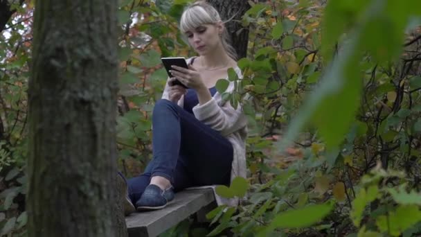 Mujer Joven Tiempo Real Con Computadora Tableta Parque Hermoso Del — Vídeo de stock
