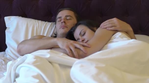 Young Couple Sleeping Bed Eyes Closed — Stock Video