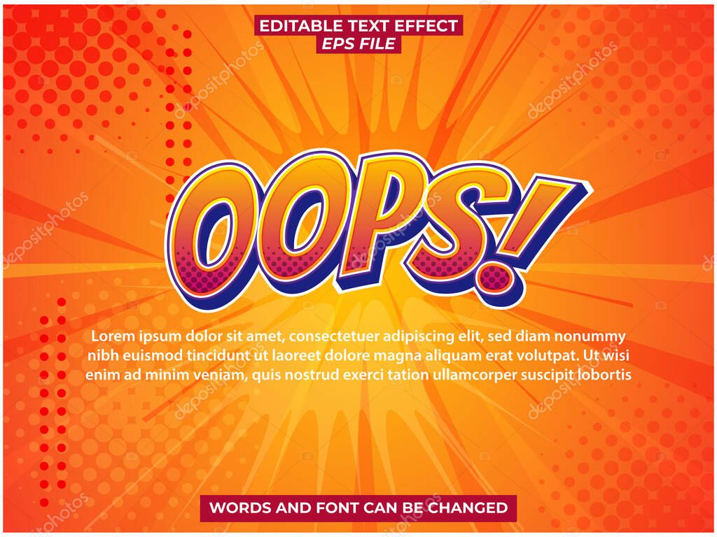 Oops text effect, font editable, typography, 3d text. vector template
